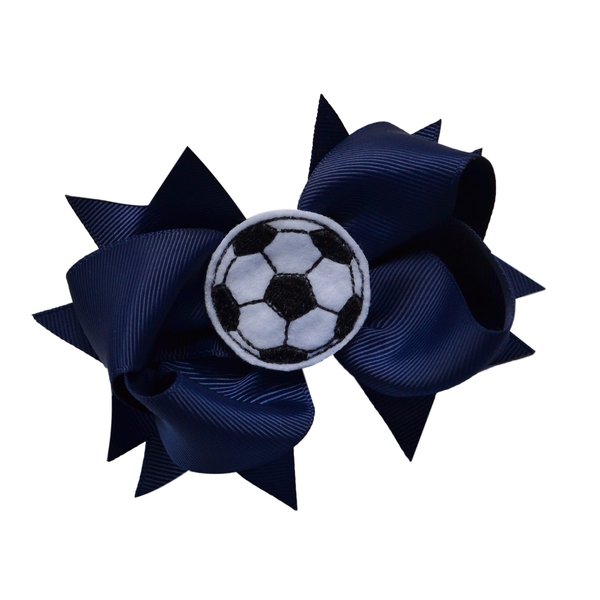 SOCCER BALL BOW Girls 4.5 Inch Grosgrain Soccer Hair Bow with Embroidered Soccer Ball By Funny Girl Designs (Navy)
