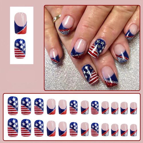ROFIBUT 4th of July Press on Nails Short Square Fake Nails Glitter Red Blue French Tip Full Cover False Nails with Flag Designs Glossy Independence Day Glue on Nails for Woman Girls Manicure 24Pcs