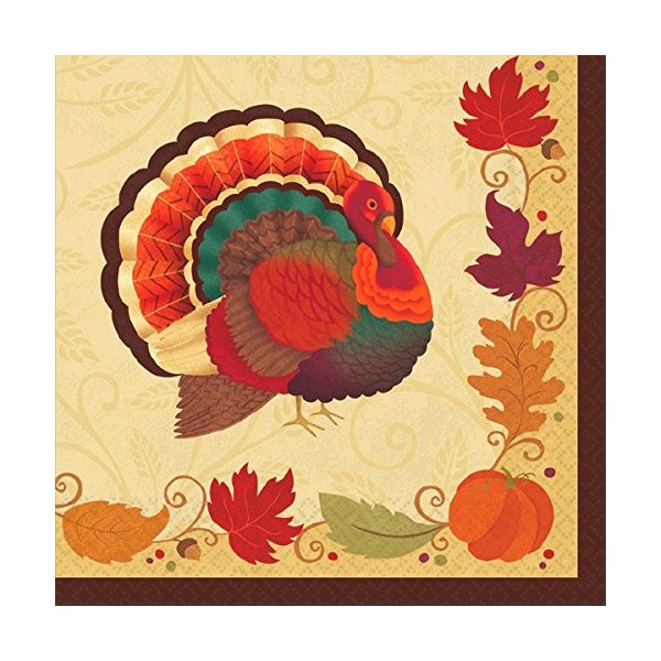 Amscan Turkey Holiday Thanksgiving Beverage Paper Napkins, Multicolor, 5" x 5"