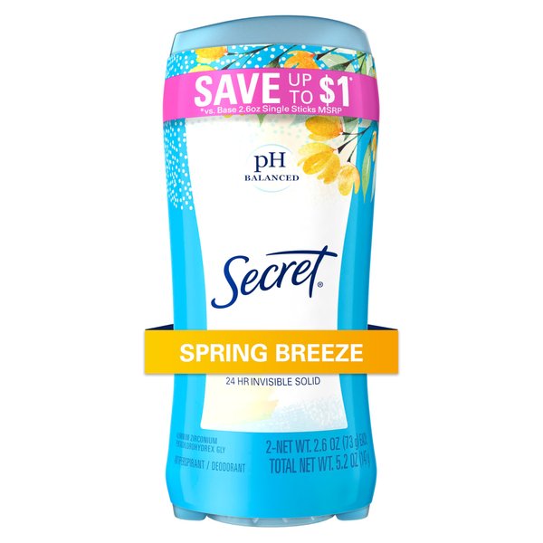 Secret PH Balanced Antiperspirant and Deodorant for Women, Invisible Solid, Spring Breeze Scent, 2.6 oz (Pack of 2)