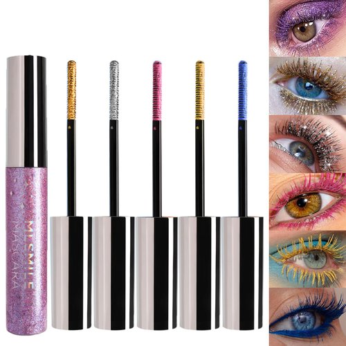 6 Colors Glitter Colored Mascara Set, Sparkling Diamond Waterproof Mascara for Eyelashes, Long Lasting Smudgeproof Voluminous Curling Silver Mascara for Eye Makeup