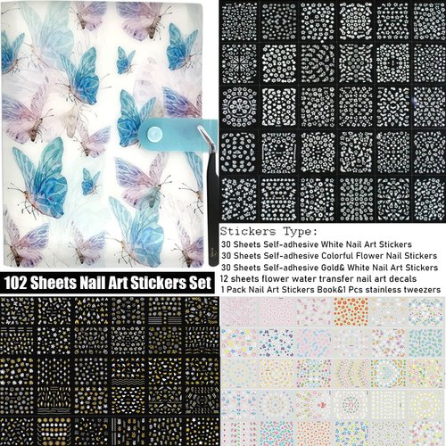 102 Sheets Nail Art Stickers & Storage Book,5200 Pieces 3D Self-Adhesive White Floral Nail Stickers with Rhinestones Designs, Multicolor Laser Gold Nail Decals for Women Girls DIY Manicure Decorations
