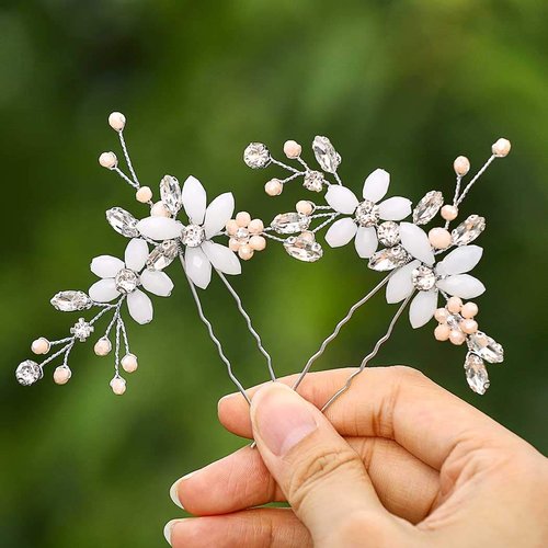 Barode Bridal Wedding Hair Pins Silver Sparkly Rhinestones Flower Hairpin Pearl Bride Hair Accessories for Women and Girlss(Pack of 2) (Silver)
