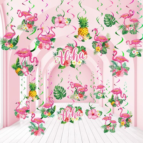 Fuutreo 54 Pcs Flamingo Party Hanging Swirl Decorations Tropical Flamingo Ceiling Hanging Swirls Hawaiian Party Ceiling Decor for Flamingo Summer Aloha Hawaiian Beach Luau Party Supplies Decor