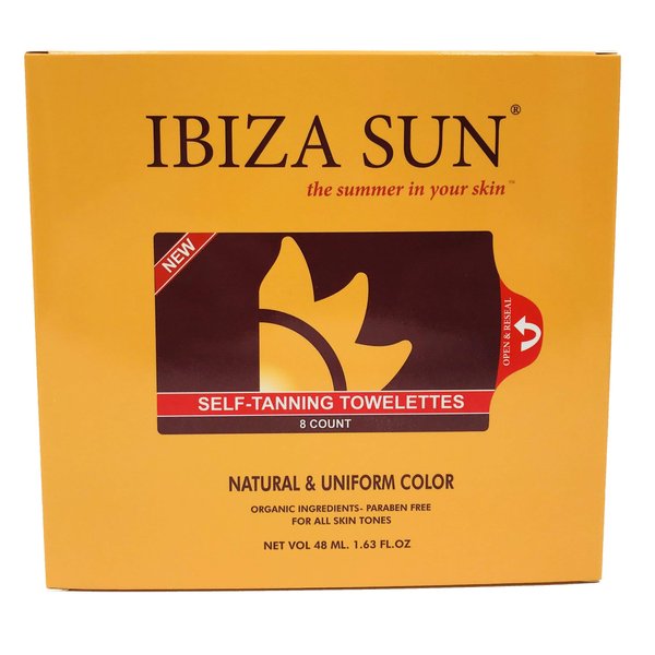 Ibiza Sun Organic Self Tanner Natural Ingredients Sunless Tanning Wipes 100% Raw for Face & Body - Self Tanning Towelettes - Tan Towels - For all skin tones -8 count.