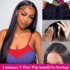 Legendhair Glueless V Part Wig Human Hair Straight Brazilian Virgin Human Hair Wigs for Black Women Upgrade U Part Human Hair Wig Full Head Clip In Half Wig No Leave Out U Part Wig 180% Density 16Inch