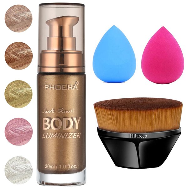PHOERA Body Shimmer Oil,Waterproof Long Lasting Moisturizing Body Luminizer Glow Body Illuminator Highlighter for Face with Makup Bursh, 1oz/Jars (103 Glistening Bronze)