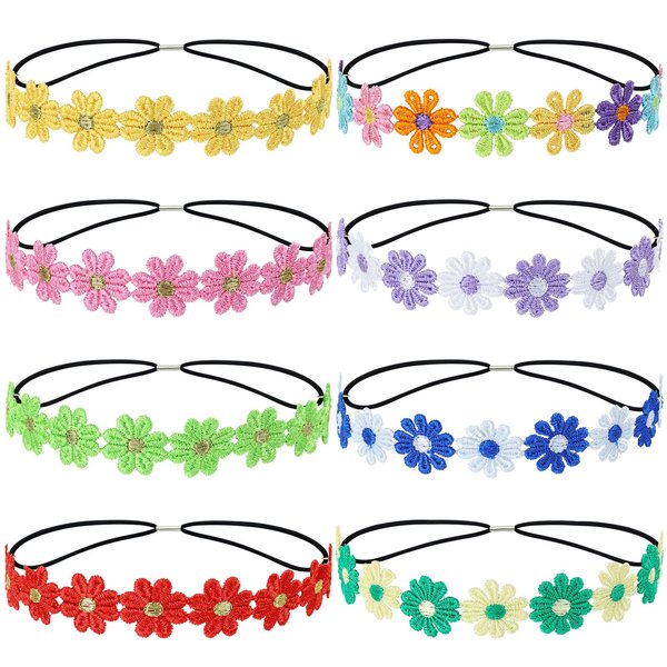 Lawie 8 Pack Colorful Sun Flower Crowns Daisy Headbands Floral Chain Tiaras Elastic Headpieces 70S Hippie Party Costume Princess Boho Cute Fairy Accessories for Women Girls Child Kids