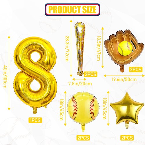 9pcs Softball Balloons, Softball Birthday Number Mylar Foil Balloon Softball Birthday Party Supplies Softball Birthday Decorations (8th)