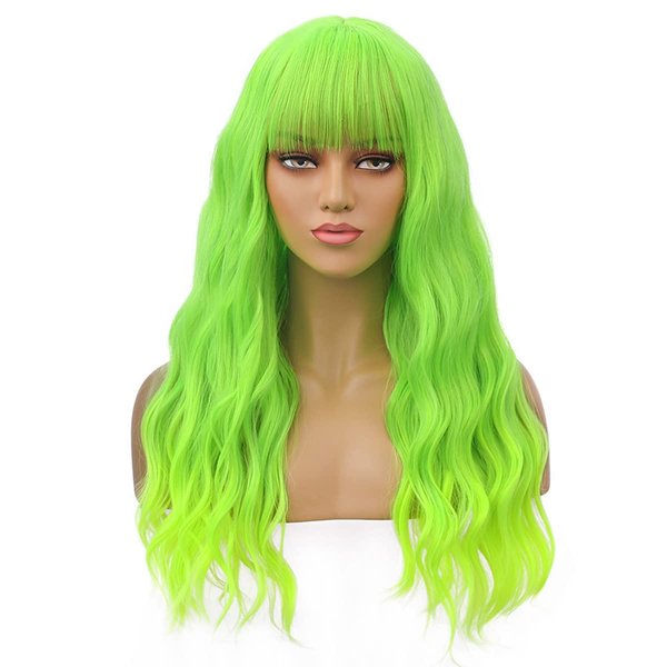 BERON 26 Inches Green Wig Long Curly Wig with Bangs Neon Green Wig Synthetic Wig Women Girls Green Wigs with Wig Cap