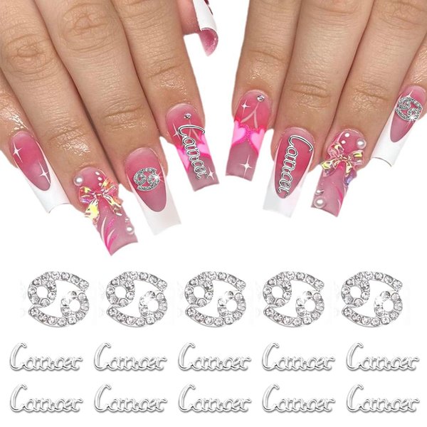 MOLILON 15pcs 3D Silver Cancer Nail Charms 5pcs Zodiac Signs and 10pcs Zodiac Letter Nail Studs Rhinestones Crystal Alloy Twelve Constellation Charms for DIY Crafts Jewelry Decoration Nail Supplies