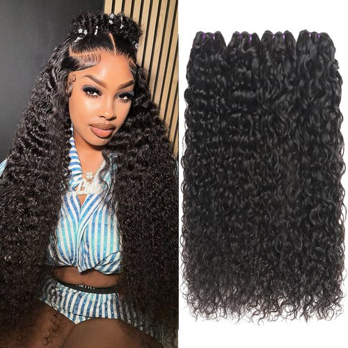 Beauty Queen 4 Bundles Water Wave Human Hair 16 18 20 22 Inch 16A Grade 100% Unprocessed Brazilian Quick Weave Hair Bundles Virgin Remy Weave Bundles Human Hair Extensions Natural Color