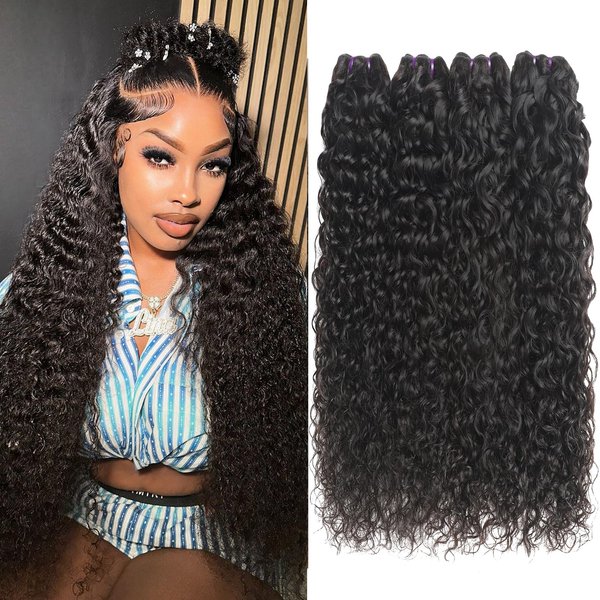 Beauty Queen 4 Bundles Water Wave Human Hair 16 18 20 22 Inch 16A Grade 100% Unprocessed Brazilian Quick Weave Hair Bundles Virgin Remy Weave Bundles Human Hair Extensions Natural Color