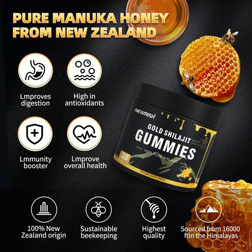 Newrish Shilajit Gummies l Manuka Honey | Himalayan shilajit |No Added Sugar I Ashwagandha, Gokshura| Fulvic Acid & 85+ Trace Minerals I for Men, Women I Non-GMO I 100% Natural & Organic I 30 Gummy