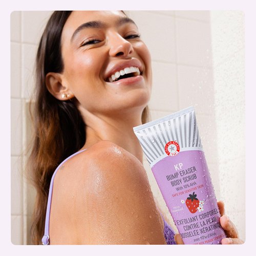 First Aid Beauty - KP Bump Eraser Body Scrub with 10% AHA, Keratosis Pilaris Exfoliating Skin Cleanser with 10% Lactic Acids Glycolic, Pumice & Bisabolol, Reduces Bumps, Strawberry Scent, 2 oz