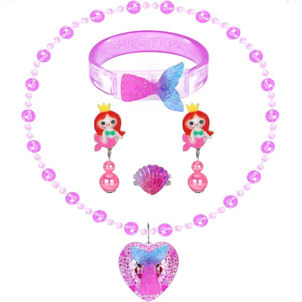 Jewelry Toys for Girls, Mermaid Necklace Bracelet, Clip On Earrings Adjustable Rings for Princess Dress Up Pretend Play, Kids Play Jewelry Glow Costume Accessories Little Girl Christmas Birthday Gifts