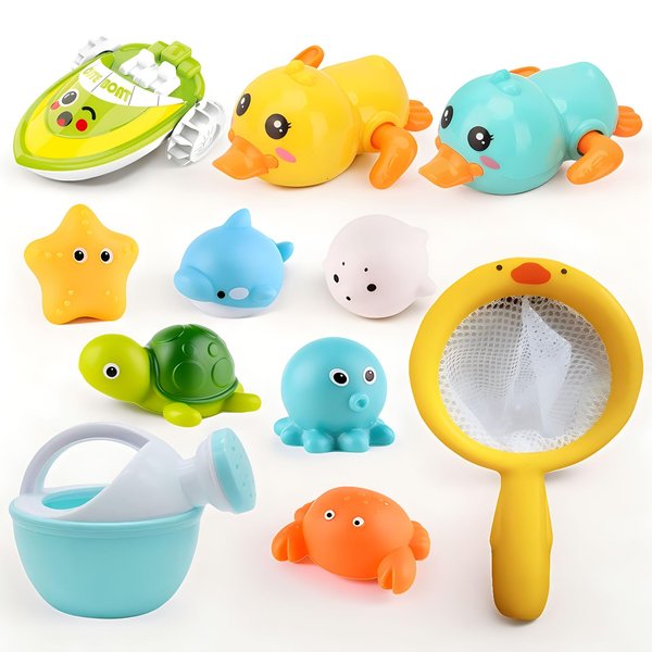 Bath Toys for Babies 0-6-12 Months+, No Hole Ocean Animal Bath Toys for Kids Ages 1-3, Wind-up Ducks Amphibious Boat Floating Pool Toys, Fishing Net Water Toys Watering Can Bath Toys for Toddlers