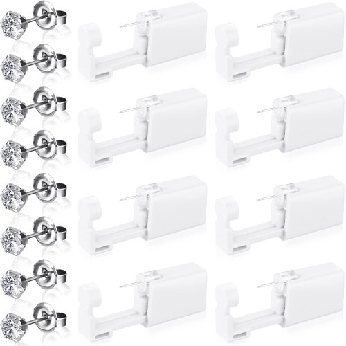 Mudder 8 Pieces Self Disposable Ear Piercing Kit Safety Portable Nose Mouse Piercing Tools with Crystal Ear Studs (White)