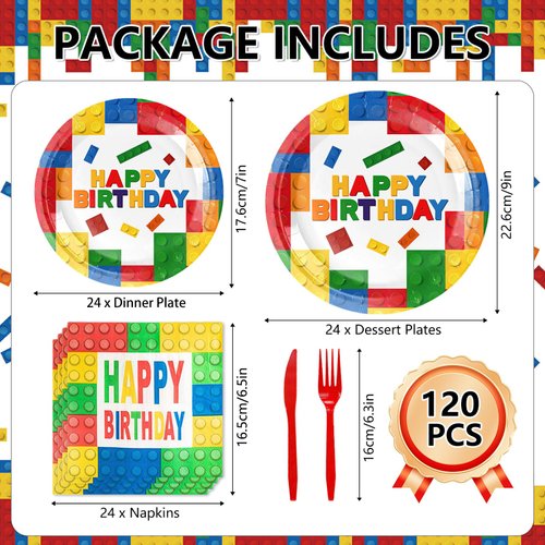 120 Pcs Building Blocks Birthday Paper Plates Napkins, Building Blocks Party Supplies Tableware Set for 24 Guests, Building Blocks Themed Birthday Party Decorations for Kids Boys Girls Baby Shower