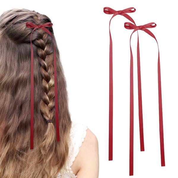 Bow Hair Clips,2 PCS Red Hair Bows Tassel Hair Ribbons,Long Hair Bow Satin Hair Clip Ribbon Accessories for Women Valentine's Day (Red)
