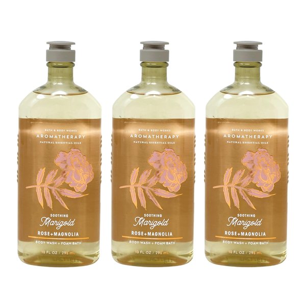 Generic Bath and Body Work Aromatherapy Soothing Marigold ROSE + MAGNOLIA Body Wash + Foam Bath Gift Set - Lot of 3-10 fl oz / 296 mL each, Full Size, Orange