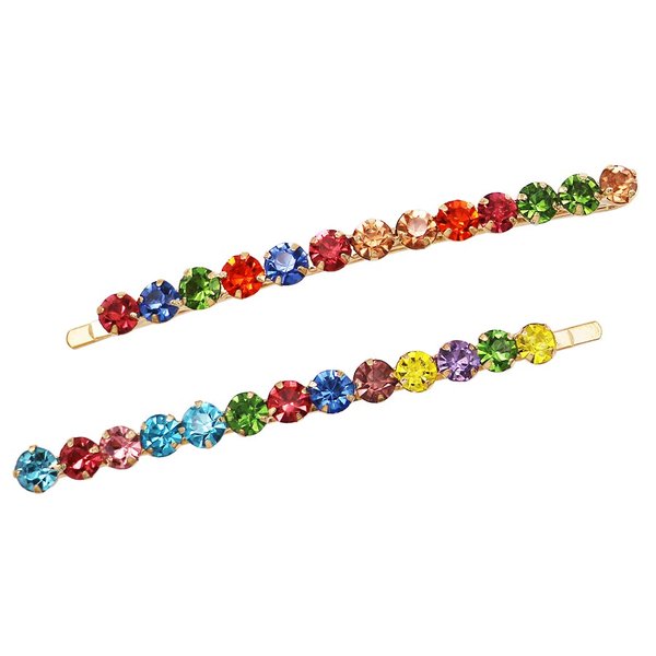 Rosemarie & Jubalee Women's Set of 2 Colorful 6mm Crystal Rhinestone Hair Clip Bobby Pins Hair Barrette Accessories, 3.5" (Rainbow Pride Crystals Gold Tone)