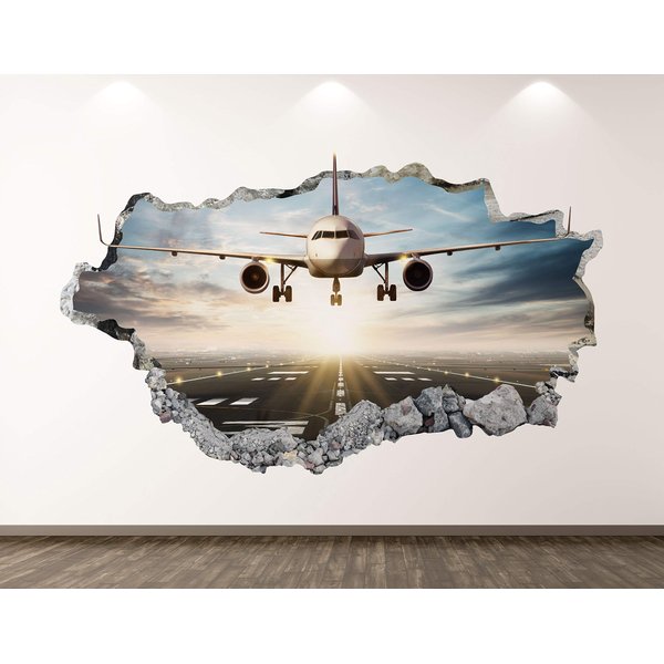 Landing Airplane Wall Decal Art Decor 3D Smashed Airport Plane Sticker Poster Kids Room Mural Custom Gift BL195 (50"w x 30"H)