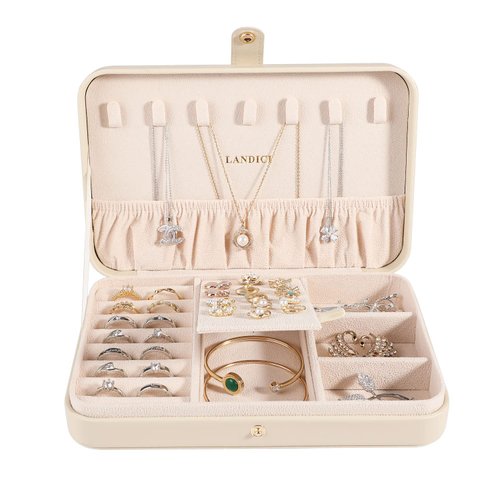 LANDICI Small Jewelry Box for Women Girls, PU Leather Travel Jewelry Organizer Case, Portable Jewellery Storage Holder Display for Ring Earrings Necklace Bracelet Bangle Watch Men Kids Gift, Apricot