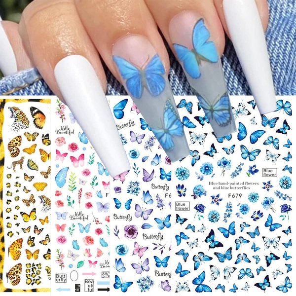 8 Sheets Blue Butterfly Nail Art Stickers Decals JMEOWIO Self Adhesive Pegatinas Uñas Blue Black Gold Butterfly Spring Summer Design Manicure Tips Nail Decoration for Women Girls