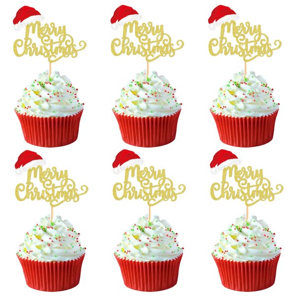 Ercadio 24 Pack Merry Christmas Cupcake Toppers Gold Glitter Santa Hat Christmas Cupcake Picks Merry Xmas Cupcake Decoration Winter Christmas Theme Xmas Holiday Birthday Party Supplies