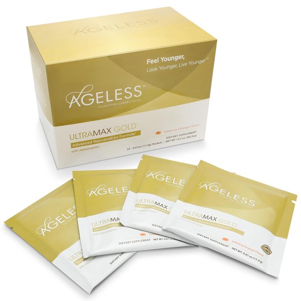 AGELESS UltraMAX Gold Effervescent Powder, HGH Anti-Aging Supplement for Women, Slows Cellular Aging Weight Management, Orange Flavor 22 Packets"