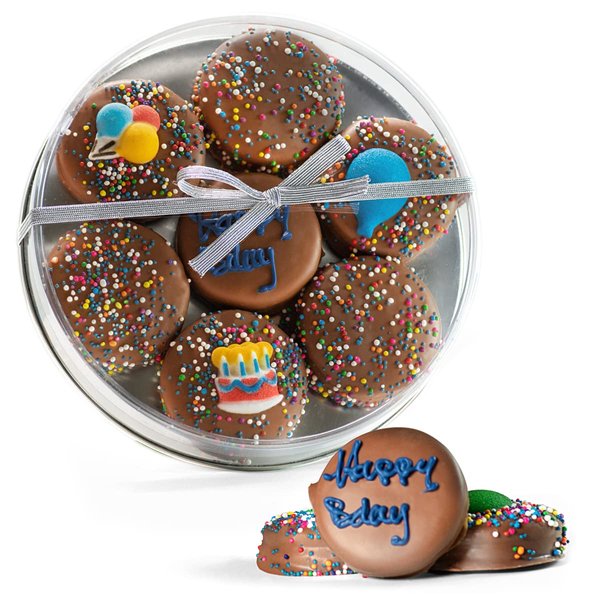 Happy Birthday Milk Chocolate Covered Oreo Cookies, Custom 7 Pc. Blue Gift Basket, Fresh Hand Decorated Assortment, Sweet Multi-Layered Sandwich Treats for Kids and Adults