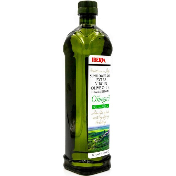 Iberia Mediterranean Style Omega 3 Cooking Oil, 34 fl oz, Blend of Extra Virgin Olive Oil, Grapeseed Oil, Sunflower Oil and Fish Oil