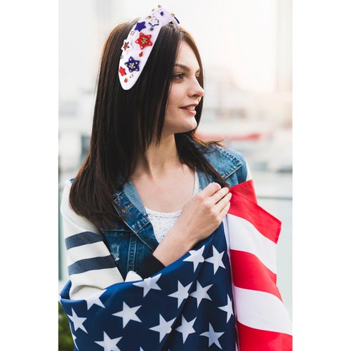 CEALXHENY 4th of July Headbands for Women, 4th of July Accessories, American Flag Star Headbands, Rhinestone Pearl Knotted Headbands Beads Embellished Jeweled Headbands Holiday Gifts (Star A - White)
