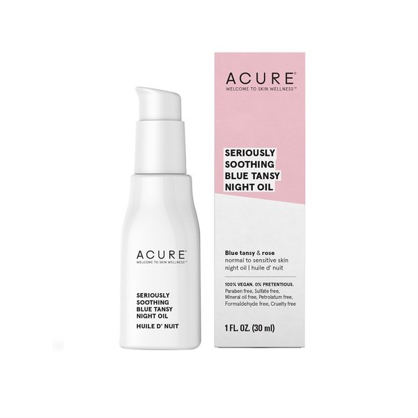 Acure Seriously Soothing Tansy Night Rose Oil - Soothes, Deep Hydrate & Moisturize Dry, Acne Prone, Sensitive Skin - Antioxidant Night Cream Serum Oil Blend with Blue Tansy & Rose - 100% Vegan, 1 oz