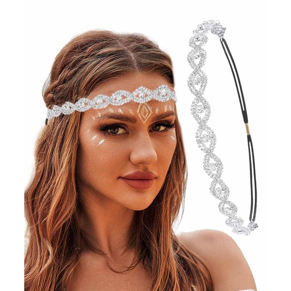 Barode Rhinestone Headbands Gold Crystal Elastic Hairbands Boho Sparkle Head Chain Headpieces for Women (Silver, Free size)