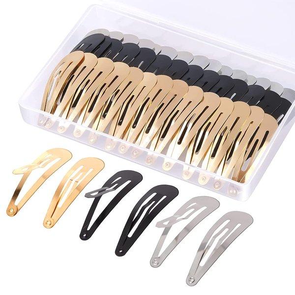 60 Pcs Snap Hair Clips with Storage Box, 2 Inch No Slip Metal Hair Clips Barrettes for Styling, Hair Pins Accessories for Toddlers, Girls, Kids, Teens, Women(Gold, Silver, Black)