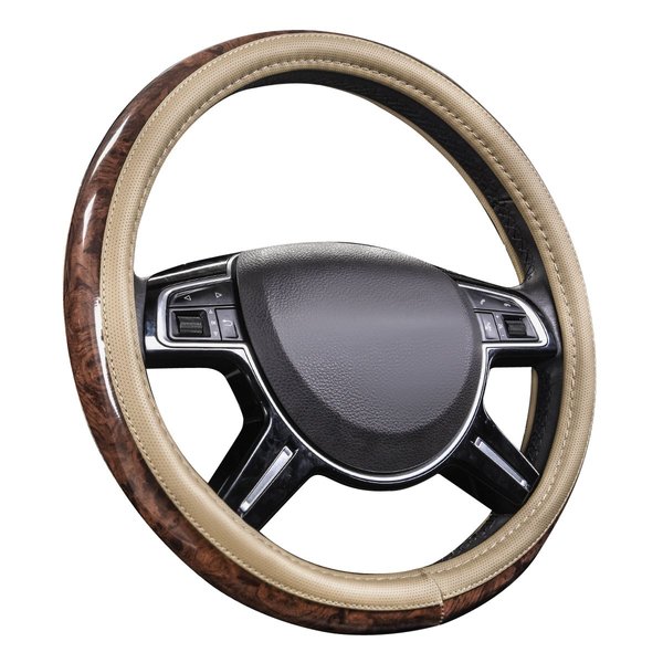 CAR PASS Wood Grain Microfiber Leather Steering Wheel Cover, Universal Fit for 14 1/2-15 inch Beige Steering Wheel, Anti-Slip Veins Design,Trucks, Suvs,Vans, Sedans (Beige)