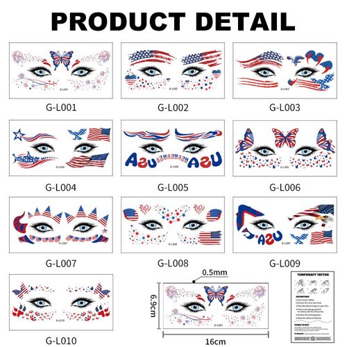 10 Sheets 4th of July Face Tattoos Stickers Independence Day Face Eye Temporary Tattoos USA Flag Star Butterfly Eagle Face Tattoo Red White Blue Patriotic Party Parade Favor Supplies for Body Decor