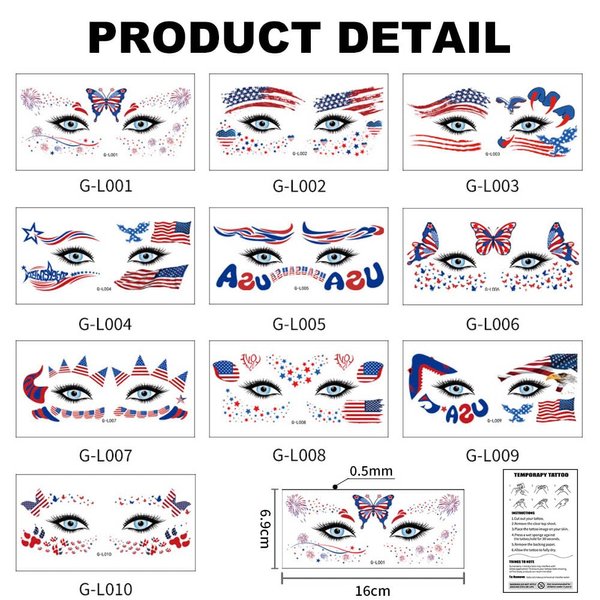10 Sheets 4th of July Face Tattoos Stickers Independence Day Face Eye Temporary Tattoos USA Flag Star Butterfly Eagle Face Tattoo Red White Blue Patriotic Party Parade Favor Supplies for Body Decor