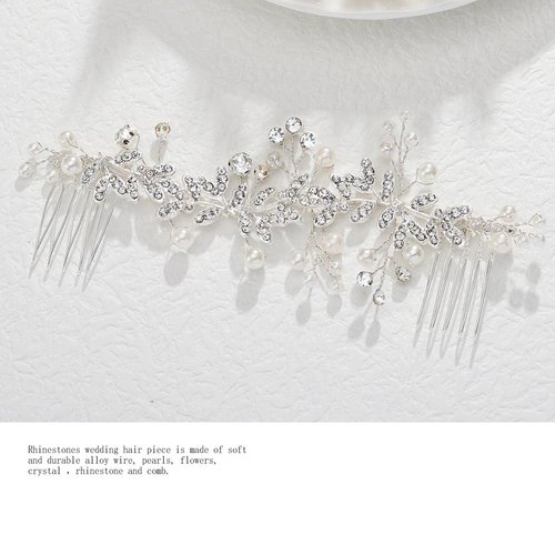 Foyte Crystal Bride Wedding Hair Comb Leaf Bridal Headpieces Rhinestone Flower Hair Vines Pearl Bridesmaid Side Combs Hair Accessories for Women (silver leaf)