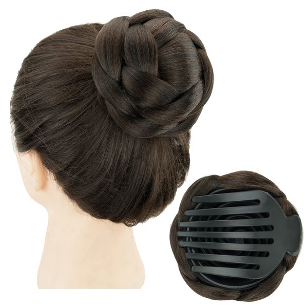 IMISSU Braided Chignon Dancer Hair Donut Hairpieces Scrunchie Claw Hair Bun Updo for Wedding Party (M1 Chocolate Brown)