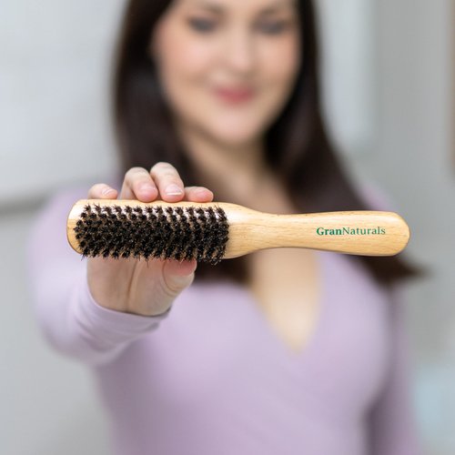 GranNaturals Boar Bristle Slick Back Hair Brush - Soft/Medium Smoothing Hairbrush to Style, Polish, & Lay Hair Down Flat to Create a Sleek Frizz Free Hairstyle for Women and Men - Wooden Handle