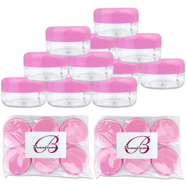 (Quantity: 12 Pieces) Beauticom 15G/15ML Round Clear Jar with Pink Lids for Herbs, Spices, Loose Leaf Teas, Coffee and Other Foods - BPA Free