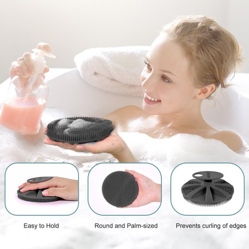INNERNEED Food-grade Soft Silicone Body Scrubber Shower Brush Handheld Cleansing Skin Brush, Gentle Exfoliating and Lather Well (Black)