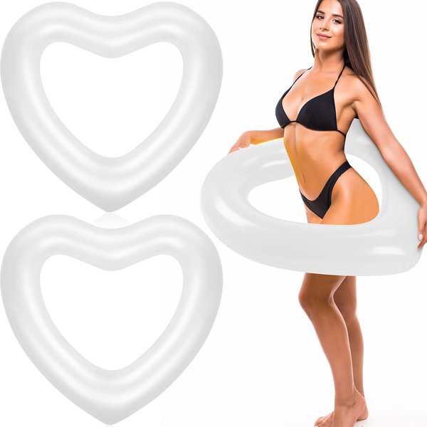 Junkin 47.3 x 39.4 Inch White Heart Pool Float Inflatable Swim Float Water Ring Bachelorette Pool Float Loungers Tube Swimming Pool Float for Engagement, Wedding, Summer Beach Party(2 Pcs)