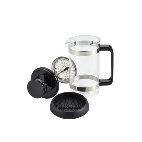 BonJour Coffee Borosilicate Glass French Press with Coaster & Scoop, 33.8-Ounce, Riviera, Black