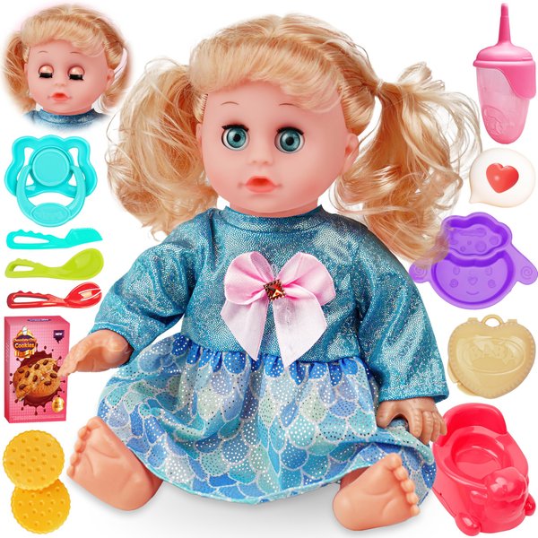 Toy Choi's Interactive Baby Doll Blue - 14 Inch Crying Talking Feeding Dolls with Open/Close Eyes,Different Sounds and Accessories - Pretend Play Preschool Toys for 3 4 5+ Year Old Girls Boys Gift