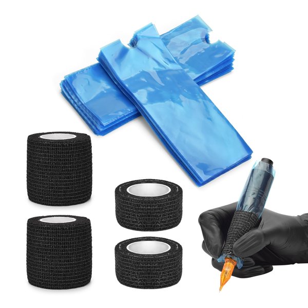 BAMTTOO Blue Tattoo Pen Covers with Grip Tapes 200pcs Tattoo Machine Bags 4pcs Tattoo Bandage Grip Wrap Pen Bags Machine Covers Tattoo Pen Sleeves Tattoo Supplies (200pcs Pen Bags+4pcs Grip Tape)