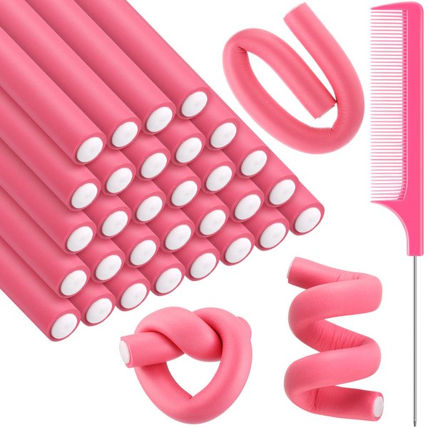 Syhood 30 Pieces Flexible Curling Rods Twist Foam Hair Rollers Soft Foam No Heat Hair Rods Rollers and 1 Steel Pintail Comb Rat Tail Comb for Women Long Short Hair(9.45 x 0.55 Inch,Rose Pink)